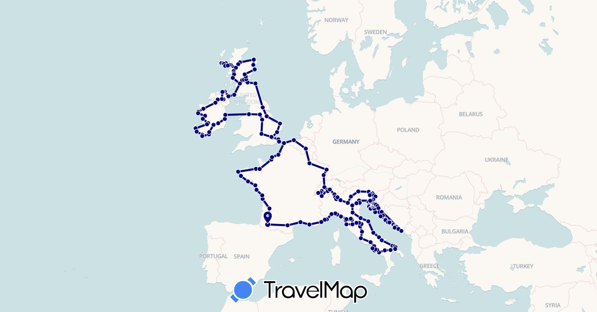TravelMap itinerary: driving in Bosnia and Herzegovina, Belgium, Switzerland, France, United Kingdom, Croatia, Ireland, Italy, Slovenia, San Marino (Europe)